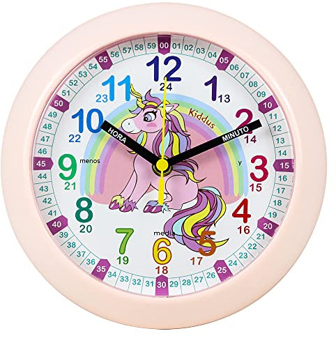 Kiddus Horloge Murale Éducative pour Enfants, Garçon, Fille. Time Teacher Analogique avec Exercices. Facile d’Apprendre à Lire l’Heure. Mécanisme en Quartz Silencieux. Español Unicornio