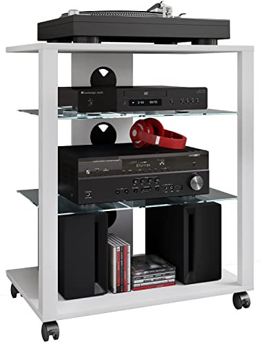 VCM HiFi Holz Möbel/Rack Schrank Phono Regal mit Rollen / 2 Glasböden/Maße: H. 70 x B. 60 x T. 41 cm/Phono Mediaregal - Folas
