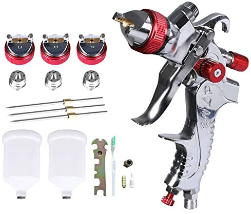 Taylor & Brown Paint Spray Gun HVLP Gravity Feed Air 1.4mm 1.7mm 2mm 3 Nozzles Airbrush Painting Tool Kit Car Furniture Small Repair Leather Coat Colour with 2 x 600ml Cups Silver