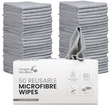 PARAGON Mirofibre 50 Reusable Wipes, Pack of 50, Cloth Size:30 x 30cm, Lint Free, Car Cleaning, Window & Glass, Dusting, Multipurpose, Premium Quality, FREE Storage Box, Grey