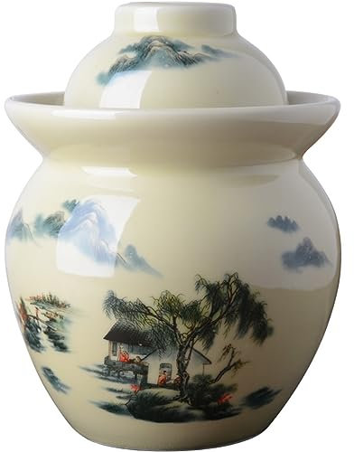 Vaso Di Kimchi Barattolo Di Fermentazione Decorazione Classica Della Pittura Di Paesaggio Dell'inchiostro Pickling Jar, Doppia Tenuta All'acqua Kimchi Jar Con Copertina (Color : A, S : 3.5kg)