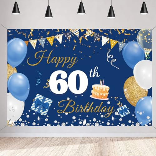 60. Geburtstag Deko Männer Frauen, 60. Geburtstag Banner Blau Stoff Schild Plakat Hintergrund Banner Mann Geburtstagsfeier Deko