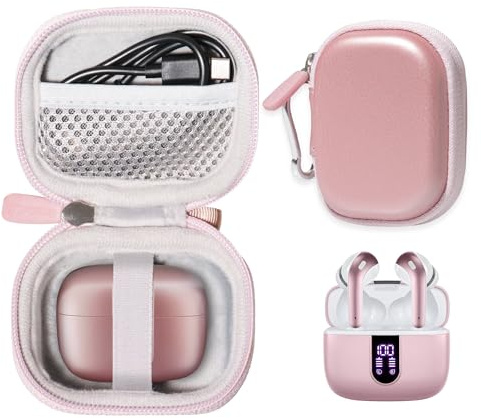 CaseSack Case for TAGRY X08 Bluetooth Headphones True Wireless Earbuds 60H, mesh Pocket for Charge Cable (Rose Gold)
