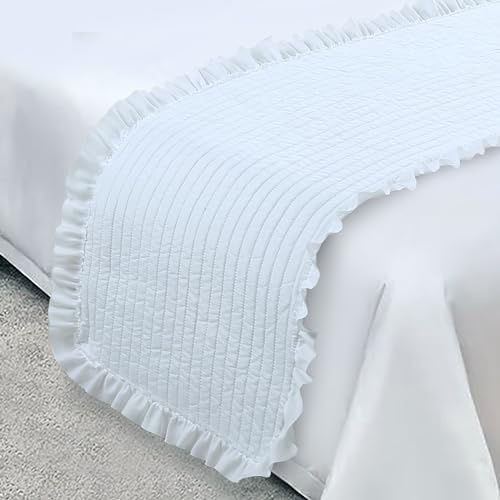 HaraDeco Plaid Pie de Cama Blanca 50x240cm con Volantes Decorativa | Microfibra Ligera, Diseño Mediterráneo para Dormitorio, Salón, Cama, Sofá, Hotel, Casa Rural, Hostelería y Apartamento