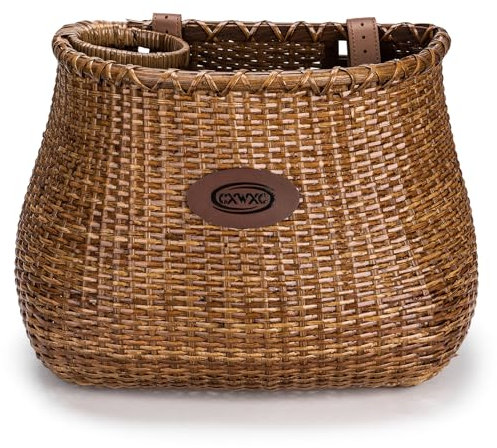 CXWXC Fahrradkorb – Handgefertigte Rattan-Fahrradkörbe für Mädchen und Frauen – Fahrradkorb vorne mit Kaffeetassenhalter für Beach Cruiser, Roller, Ebike (Braun)