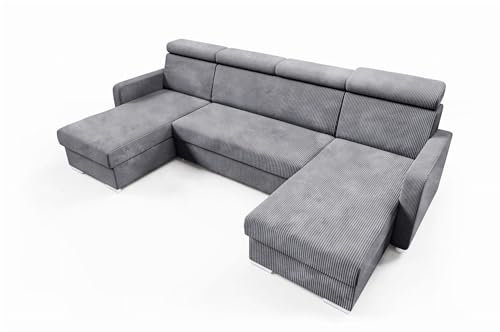 LIKMA Grau Ecksofa Mako mit Schlaffunktion und Bettkasten, 274 cm x 100 x 165 cm, Sofa U-Form, Schlafsofa, Verstellbare Kopfstützen, Wohnlandschaft, Schlafcouch Stoff: Anafi 03