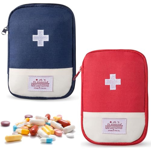 AFCJLTO 2 Stück Reiseapotheke Tasche, Medikamententasche Klein, Kompakt & Leicht, Wasserfest Reise Apothekentasche für Reisen, Outdoor, Camping(rot, marine）