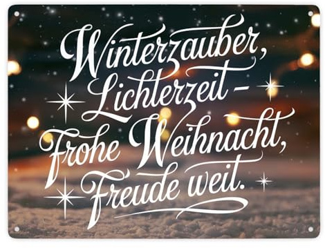 Winterzauber Lichterzeit Metallschild XXL in 28x38 cm Winterzauber mit froher Kalligrafieschrift auf verschneitem Hintergrund und funkelnden Sternen