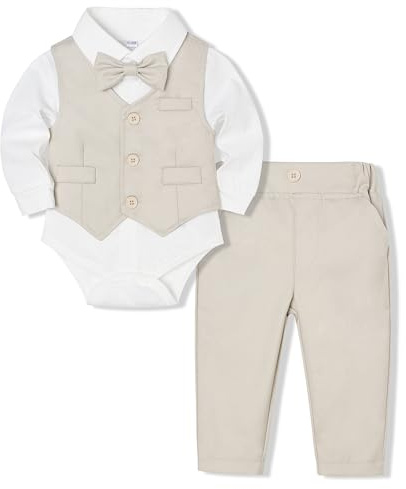 Juivesia Baby Boy Clothes Suits Infant Gentleman Wedding Outfit Formal Dress Shirt Vest Bowtie Pants 4Pcs Baby Suit Sets (Light Beige, 0-3 Months)