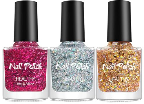 3 Pcs Glitzer Nagellack Set - Schnelltrocknender Nagelack Ohne UV Lampe - Ungiftig Nagellack Auf Wasserbasis - Langlebig Nail Polish mit Silber, Gold, Rosa Confetti für Frauen (Colorful Farbe)