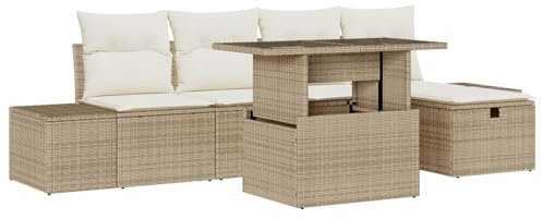 vidaXL 6-delat trädgårdsoffset Beige Gräddvit Med Kuddar Förvaringsfunktion Utomhusmöbler Rektangulärt Bord Sittplatser 5 Hållbar Rattan Och Tyg Väderbeständigt Design Patio Kub Rektangulär