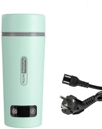 JDBDU Hervidor de agua de viaje pequeño, 220 V, 300 W, 350 ml, batería verde, con ajuste de temperatura y apagado automático, pantalla táctil LED de acero inoxidable, calentador de botellas de viaje