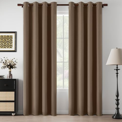 LCOOMZEN 100% Blackout Taupe Linen Curtains 90 Inch Length for Bedroom, Soundproof Thermal Insulated Anti-Rust Grommet Curtain Panels for Living Room, Warm Taupe, W52 x L90, 2 Panels