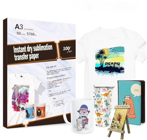 TriUnytion Papel de Sublimación A3, 297 x 420 mm 100 g/m² 50 Hojas de Papel de Transferencia para Camisetas Tazas Metal Cerámica Vidrio, Compatible con Epson, Roland, Mutoh, Mimaki Impresoras