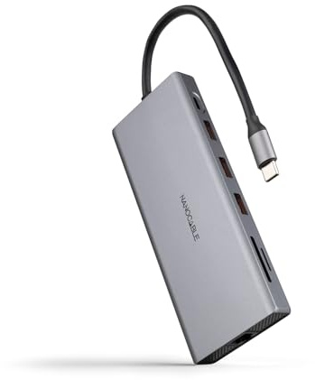 NANOCABLE 10.16.4612 - Hub USB-C 12 en 1, Conversor USB-C 3.1 a 3xUSB-A 3.2 + USB-C 3.2 + USB-C PD + 2xHDMI 4K@60Hz + DP 4K@60Hz + RJ45 1Gbps + TF + SD + Audio Jack 3.5, Aluminio, Gris, 18 cm