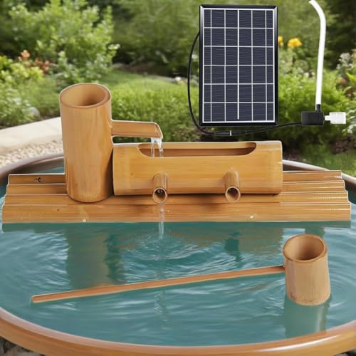 Mofgoe Fontana d'Acqua in bambù con Pompa, Fontana in bambù Naturale Anti-Scheggiatura con Pannello Solare, Kit Fai da Te per Pompa Solare, per Giardino, Laghetto, Piscina,50cm/20in
