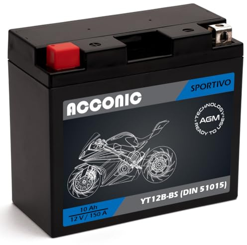 ACCONIC Sportivo AGM YT12B-BS YT12B-4 Motorradbatterie 10Ah 12V 140A DIN 51015 Maße: 150 x 70 x 130 mm ideal für Roller, Moped, Quad & Motorrad – wartungsfrei, & auslaufsicher