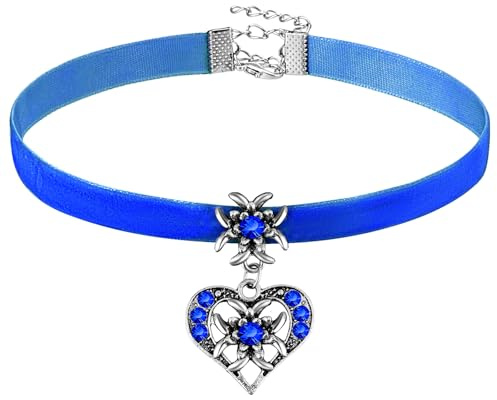 Herdear Bierfest Damen Trachtenkette Herz Edelweiß Halskette Elegantes Kropfband mit Strasssteinen Herz und Edelweiß Anhänger(Königsblau)