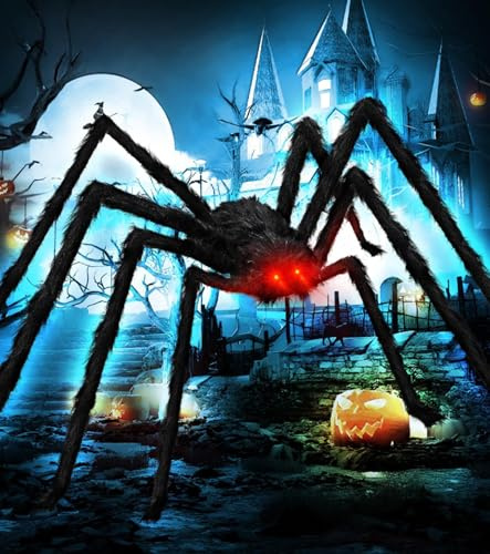 2 Meter Groß Haarige Spinnen Dekoration Halloween, Halloween Spinne Dekorationen mit Glühen Roten Augen, Riesenspinne Dehnbare Spinnennetze für Deko Garten draußen Requisiten