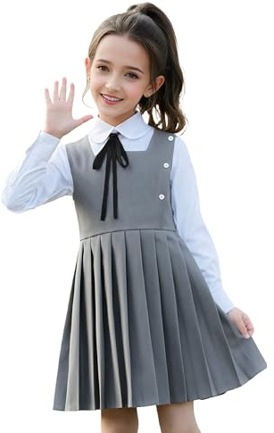 LOLANTA Plisserad overall för skoluniform, fyrkantig hals, ärmlös, med dekorativa knappar, veckfri, 5–12 år, Färg: grå, 10-11 �r