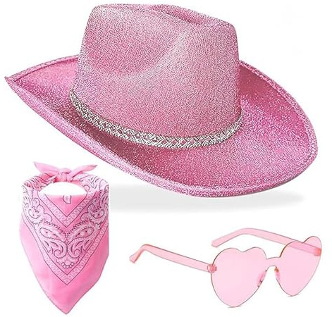 KDFSSIPE Glitzernder Western Cowboyhut, Westlicher rosa Cowboyhut, Cowgirl Hut Damen 3 Stück, Geeignet für Jungen und Mädchen Party Karneval Halloween Cosplay