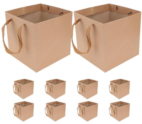 GARVALON 10 Stück Quadratische Kraftpapier-tüten mit Henkel Braune Papiertüten für Blumensträuße Geschenkverpackung Kuchen Take-away Nachhaltige und Robuste Papiertragetaschen