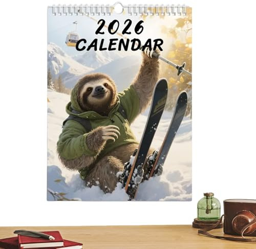 Calendrier Animalier Drôle 2026,Planificateur Mensuel Pour 12 Mois De Paresseux Skieur Adorable - 21x28cm Calendrier Décoratif Mignon | Pour Maison Bureau Appartement Maison Chambre Salon École Crèche
