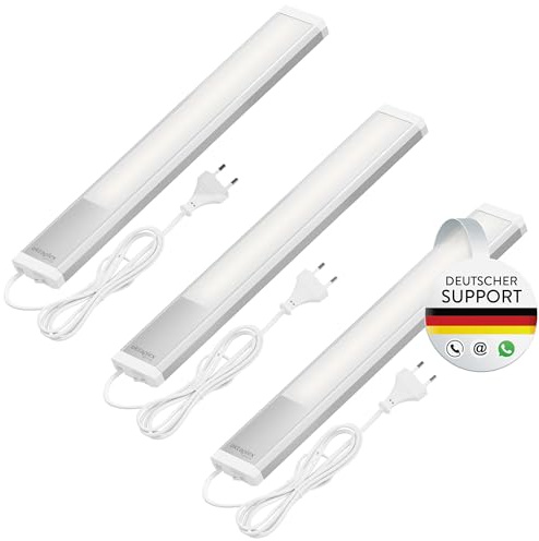 Oktaplex 3er Set Riva LED Unterbauleuchte Küche flach 40cm neutralweiß | 475lm 6W 230V mit Schalter Küchenlicht Unterschrankleuchte silber