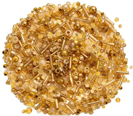 YAWYO 1000 STK. Goldfarbene Rocailles, Mischform Größe 1-4 mm, Glasperlen für Stickerei, Ohrringe, Halsketten, Armbänder und DIY-Schmuck