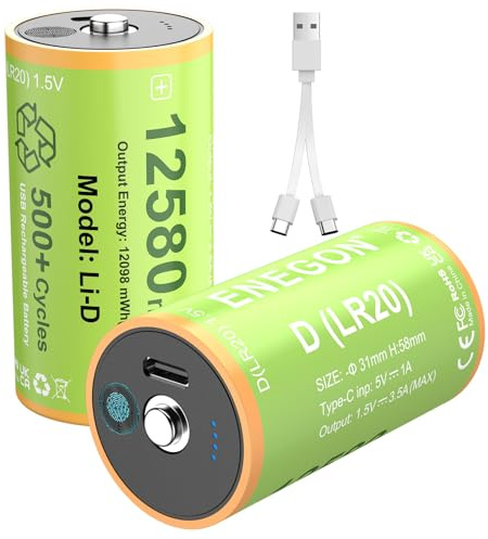 ENEGON 2 Pack D Batteries 12580mWh Rechargeable Lithium-ion D, 1.5V LR20 Battery with USB-C Cable for Floodlights, Camping Lights, Radios, Security light, Touch-sensitive LED Display.