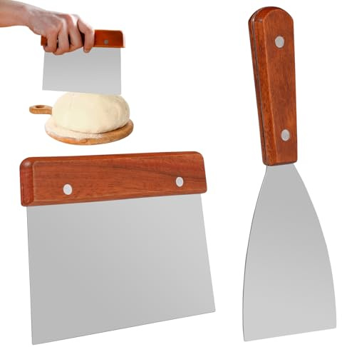 Dekorinex 2 Piezas Raspador de Masa,Rasqueta Panadero con Mangos de Madera | Incluye 1 Espátula Angular y 1 Espátula para Cortar,Cortador de Masa,Raspador de Pan,Rasqueta Cortadora para Cortar Masas,Pan