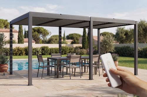 Cazeboo Pérgola bioclimática autoportante motorizada AGOSTA 5x3m con iluminación LED, 250cm de Altura - Aluminio Gris