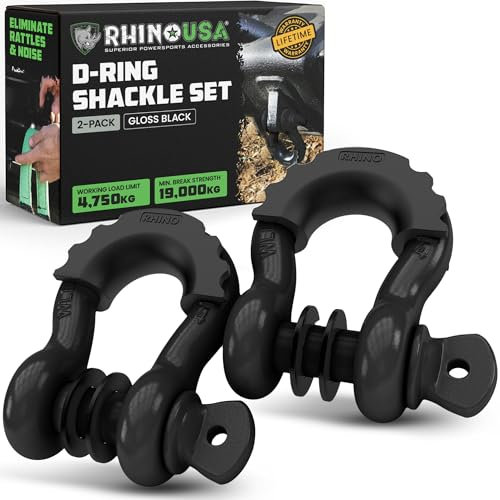 Rhino USA D-Ring Shackles (2-Pack) – 18,983kg Break Strength – Heavy-Duty 1.9cm Clevis Shackle with 2.2cm Pin for Towing & Off-Road Use – Pairs with Tow Strap for Vehicle Recovery (Black)