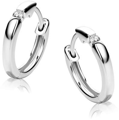 Orovi Schmuck Damen runde Solitär Brillant-Diamant-Creolen mit natürlichen Diamanten im Brillantschliff 0.07CT Zeitlose klassische Ohrringe aus Weißgold 9 Karat(375) Gold, Kreolen-Durchmesser 13mm