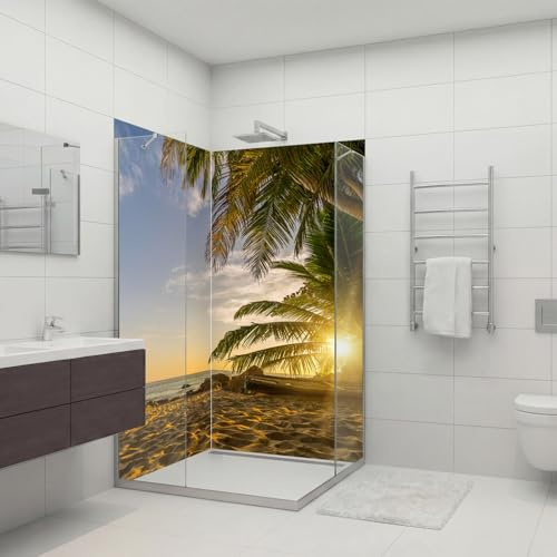dedeco Eck-Duschrückwand wasserfest mit Sonnenuntergang Motiv UV-Lack glänzend - 2 x 90x200 cm, als Badrückwand, Fliesenersatz, Dekorwand, Wandverkleidung, Duschplatte aus Aluminium - Made in Germany