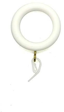 Anelli per tende in plastica bianca effetto legno, diametro interno 36 mm, diametro esterno 55 mm, spessore 9 mm, con occhielli dorati e ganci bianchi, confezione da 10 (anelli bianchi grandi