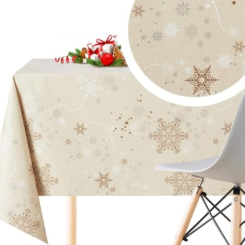 KP HOME Creme Wachstuchtischdecke Weihnachten PVC Tischdecke mit Schneeflocken - Abwischbare Wachstuch Rechteck Wachstischdecke Groß 250x140 Wasserdichtes Wachstuchtischdecke Vinyl Tischdecke Outdoor