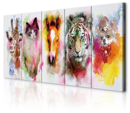 decomonkey Bilder Tiere Porträt 150x60 cm 5 Teilig Leinwandbilder Bild auf Leinwand Wandbild Kunstdruck Wanddeko Wand Wohnzimmer Wanddekoration Deko Aquarell Bunt Giraffe Katze Pferde Tiger Hund