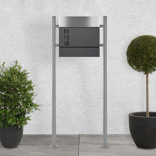 ECD Germany Standbriefkasten mit Zeitungsfach, Briefkasten mit Pfosten, Briefkastenanlage, Briefkastenständer Silber 120 cm, Postkasten Anthrazit/Silber 37x10,5x36,5 cm, Edelstahl, Pulverbeschichtung