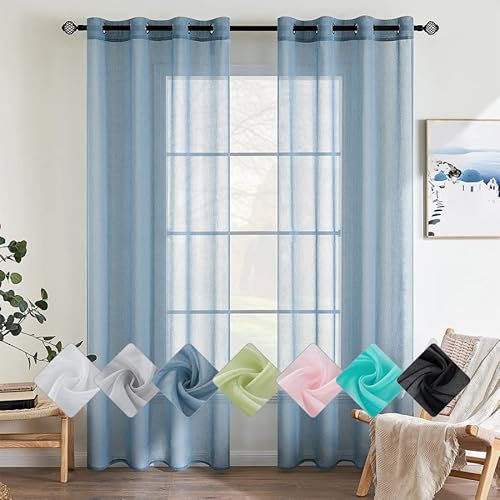 EMEMA 2er Set Sheer Voile Vorhang mit Ösen Transparente Gardine aus Voile Polyester Ösenschal Transparent Wohnzimmer Luftig Dekoschal für Schlafzimmer 140 X 245 cm (B x H) Staubiges Blau