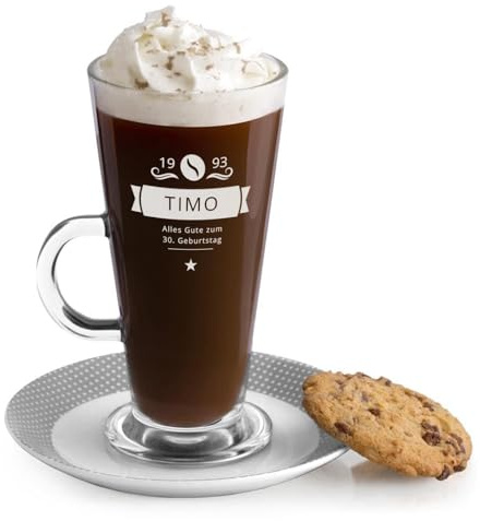 Maverton Kaffee Glas mit Gravur 360 ml - Latte Macchiato Tasse mit Griff - Cappuccino Glas - Kaffee Zubehör - Kaffeetasse für Männer zum Geburtstag - personalisiert - Wünsche
