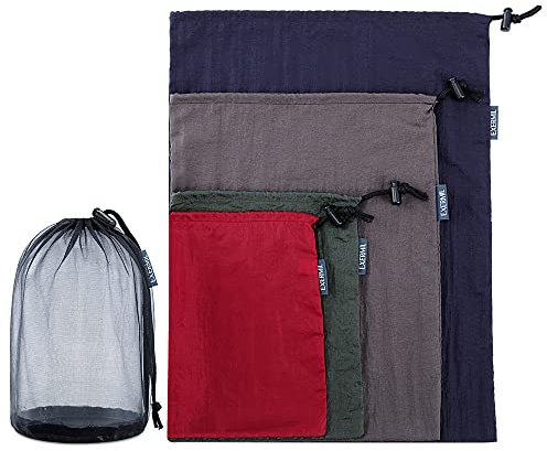 EXERMIL Nylon Stuff Sack Set 5-Piece (1.4L/2.7L/3L/7.5L/15L); Drawstring Storage Sack; Mesh Bags; Ditty Bags Small M Large XL for Organization Travel Camping Backpacking Down Jacket; Assorted Colors
