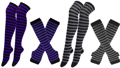 CHENGZI 2 sets Gloves Socks Set Halloween Funny Stockings Stripe Knee Thigh High Socks Arm Warmer Fingerless Gloves