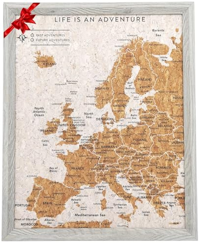 Splosh Europa-Reisekarte mit 100 Pins - Grau | Gerahmte Kork-Pinnwand mit Holzrahmen und 100 Pins in 2 Farben; Geschenkidee für Reisebegeisterte.