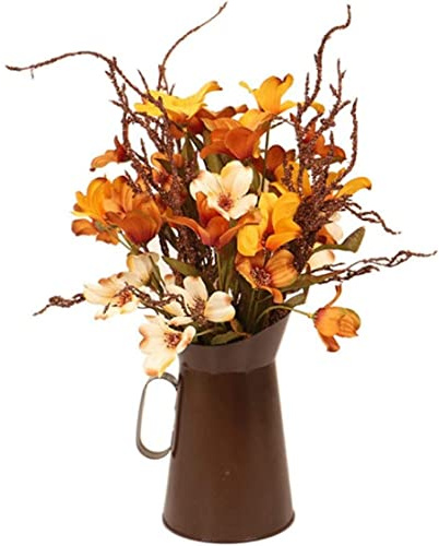 Artificial Autumn Flowers with Vintage Metal Pitcher - Silk Orange Flowers in Vase Arrangements for Wedding Party