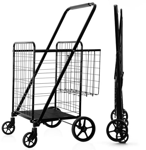 BIEAMA Folding Shopping Cart, Grocery Cart, 450 Lb Capacity, Utility Cart with 360° Rolling Swivel Wheels, Extra Large & Extra Basket