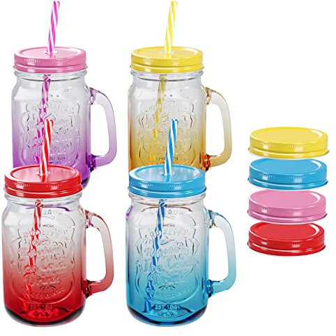 WELLGRO Trinkgläser Set bunt Farbverlauf mit Deckel und Trinkhalm 500ml inkl. Ersatzdeckeln Mehrweg Cocktail Gläser Glasbecher, Stückzahl:4 Stück