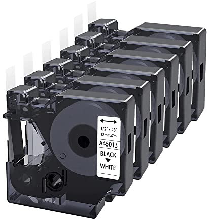 kamo Schriftbänder 6er-Pack kompatibel Dymo D1 Schriftband 45013 45013s (12mm x 7m) Schwarz auf Weiß, für LabelManager 120P 160 210D 220P 350D 360D 420P LabelPoint 100 150 200 LabelWriter 400 450