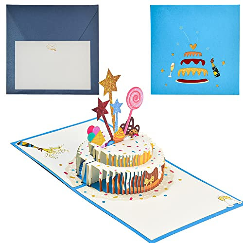 DOUSELLA 3D Geburtstagskarte Happy Birthday Karte Pop up Geburtstagskarte mit Umschlag Grußkarte Geburtstag Grußkarte Torten Geburtstag Geschenkkarte Happy Birthday Grußkarte für Frauen Kinder Männer