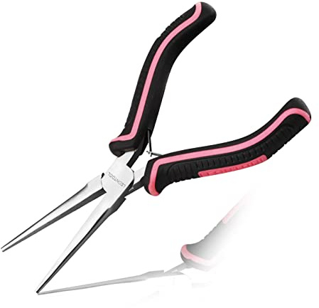 LEONTOOL 6-Inch Needle Nose Pliers for Jewelry Making, Pink Line Design, Chrome Vanadium Steel, 5.7 x 3.1 x 0.6